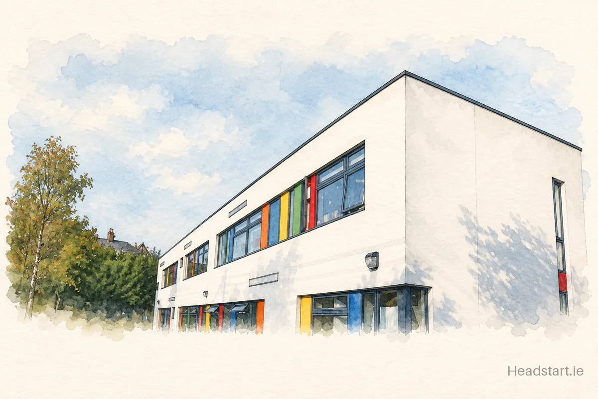 Watercolour illustration of the Scoil Lorcain building, Palmerstown