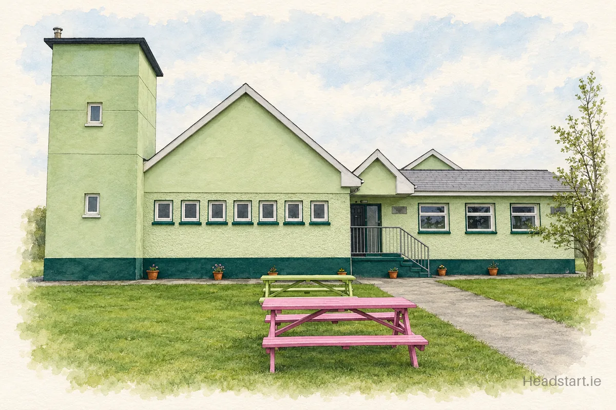 Watercolour illustration of the Scoil Náisiúnta Iosef Naofa building, Ennis