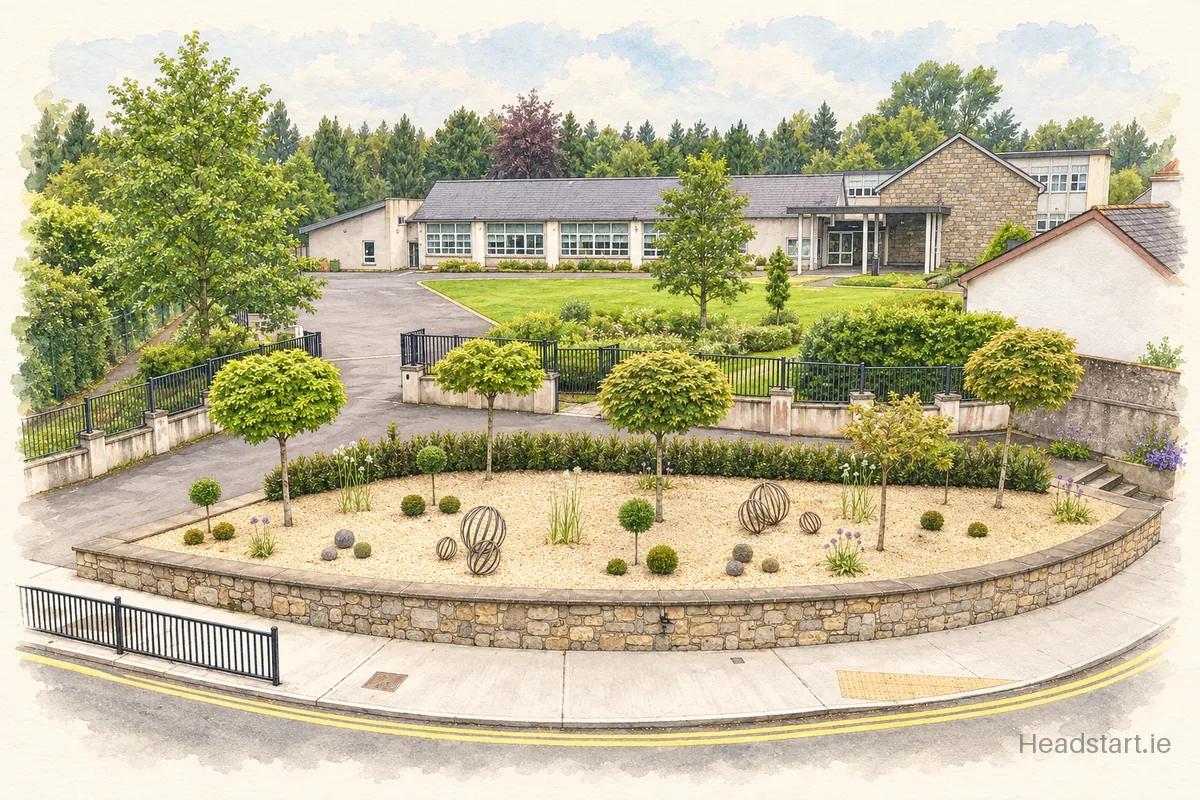 Watercolour illustration of the Scoil Náisiúnta Muire gan Smal building, Carlow