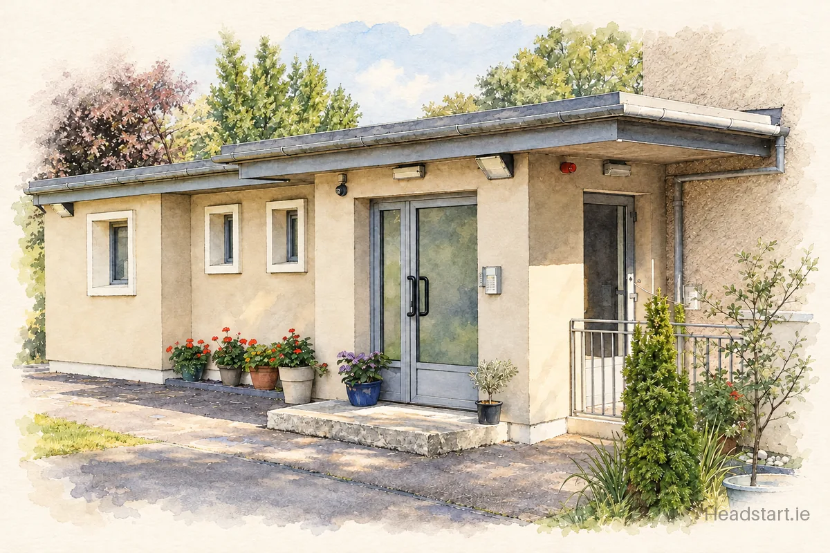 Watercolour illustration of the Scoil Naomh Micheal building, Blackrock