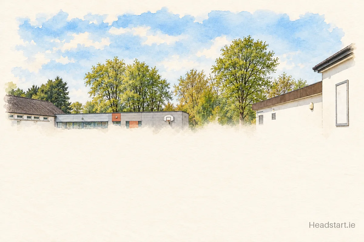 Watercolour illustration of the Scoil Náisiúnta Iosef Naofa building, Carlow