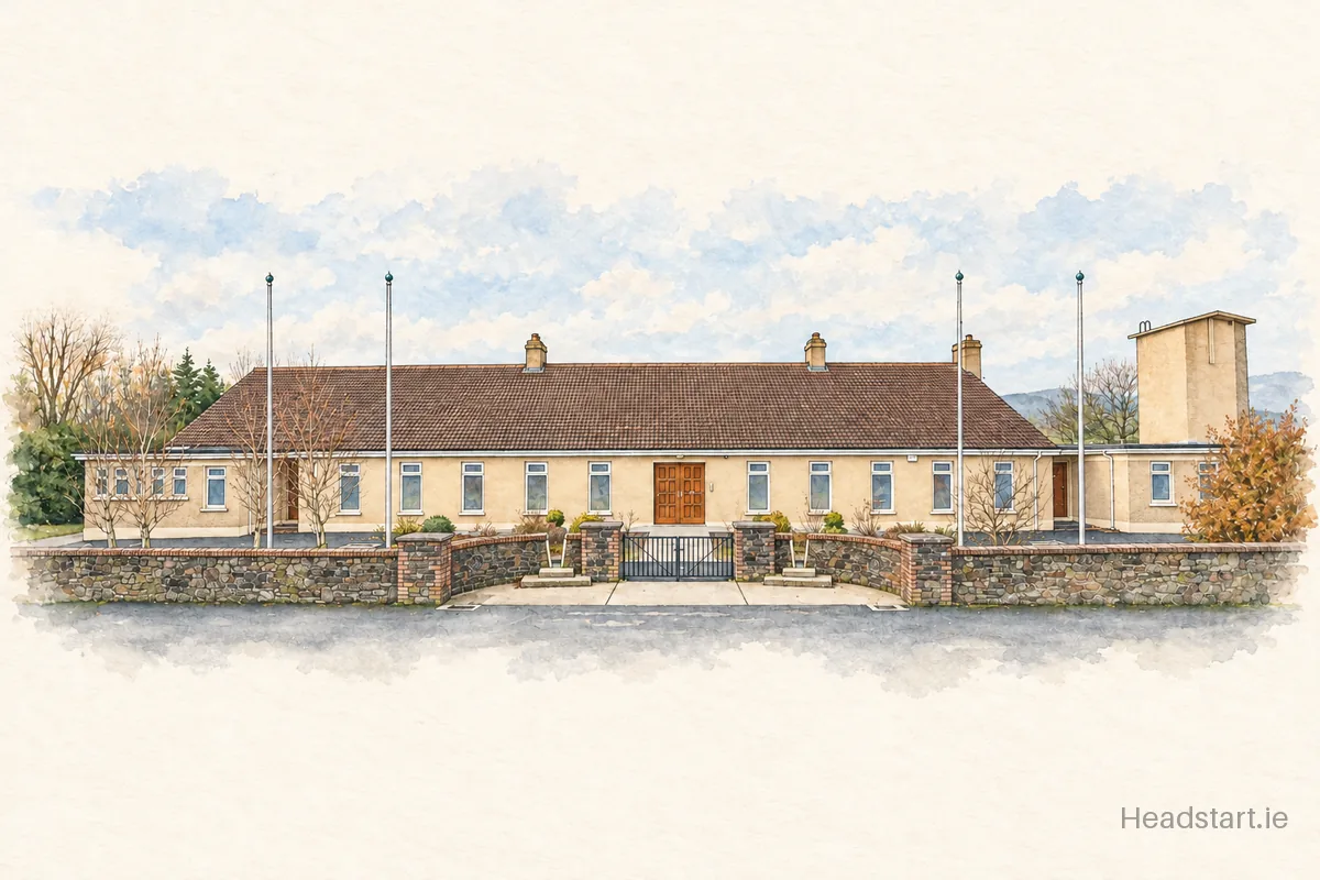 Watercolour illustration of the Scoil Ide Naofa building, Newcastle West