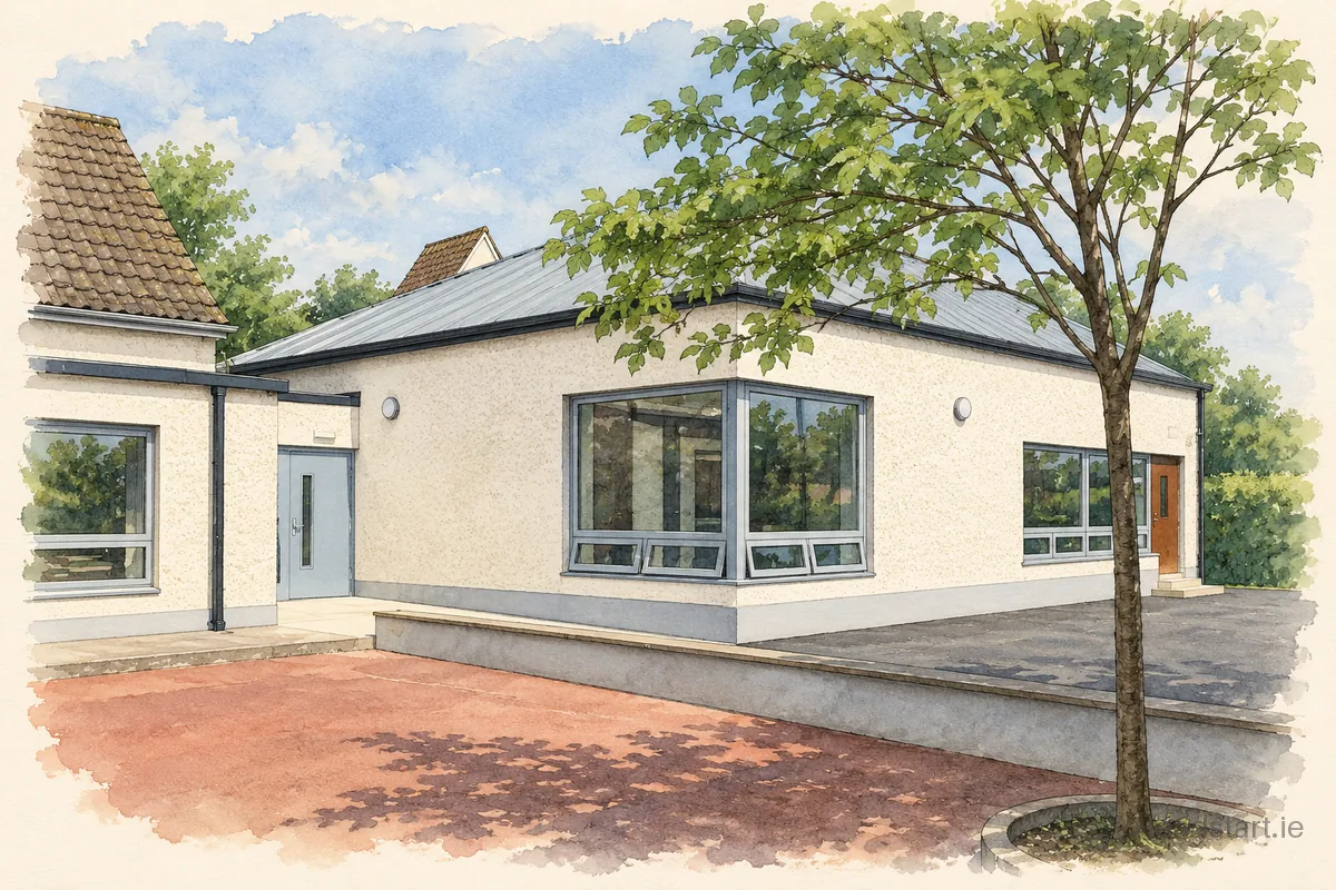 Watercolour illustration of the Robertstown National School building, Naas