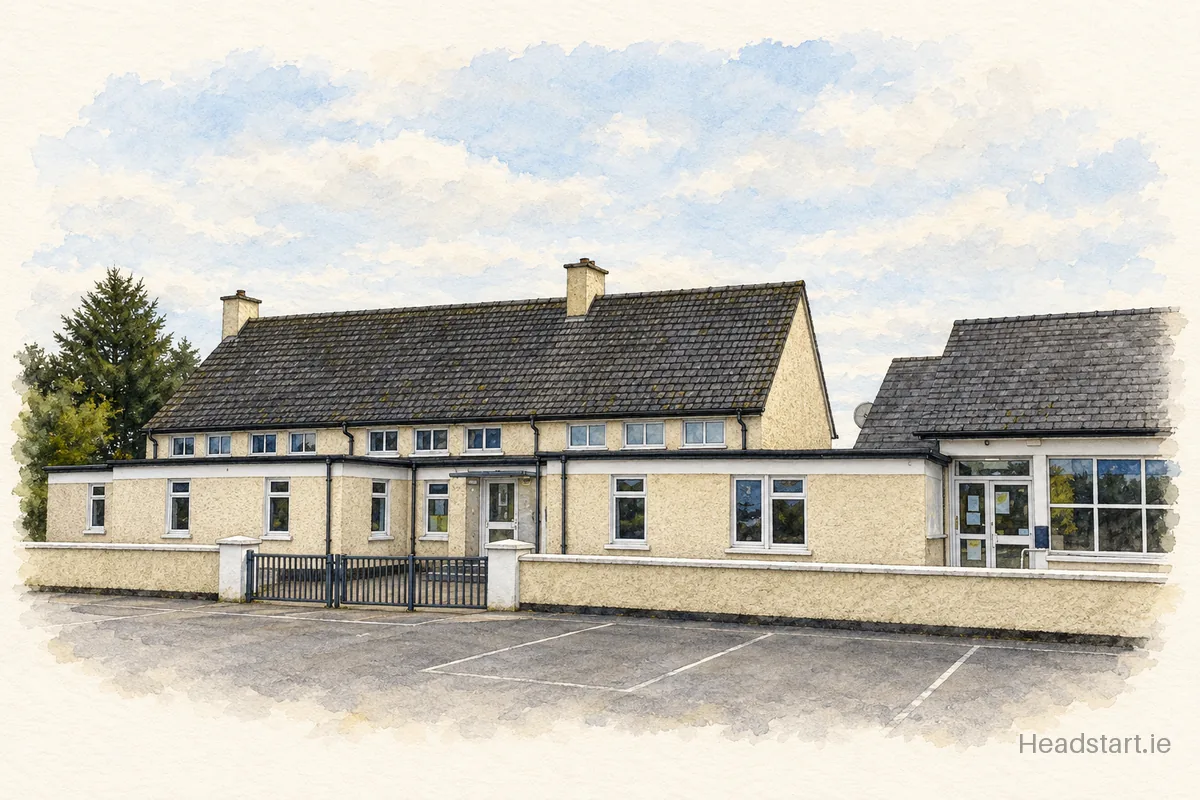 Watercolour illustration of the Rathbeggan National School building, Dunshaughlin