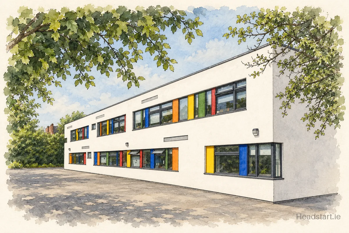 Watercolour illustration of the Scoil Lorcáin building, Blackrock