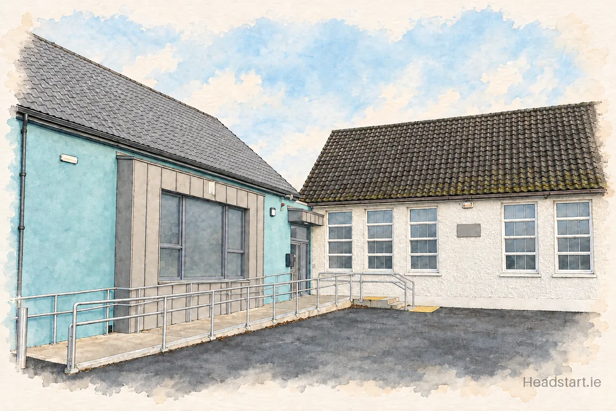 Watercolour illustration of the Naomh Brid National School building, Arklow
