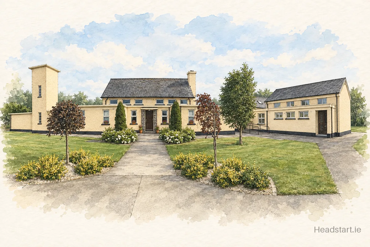 Watercolour illustration of the Rath Corr National School building, Dundalk