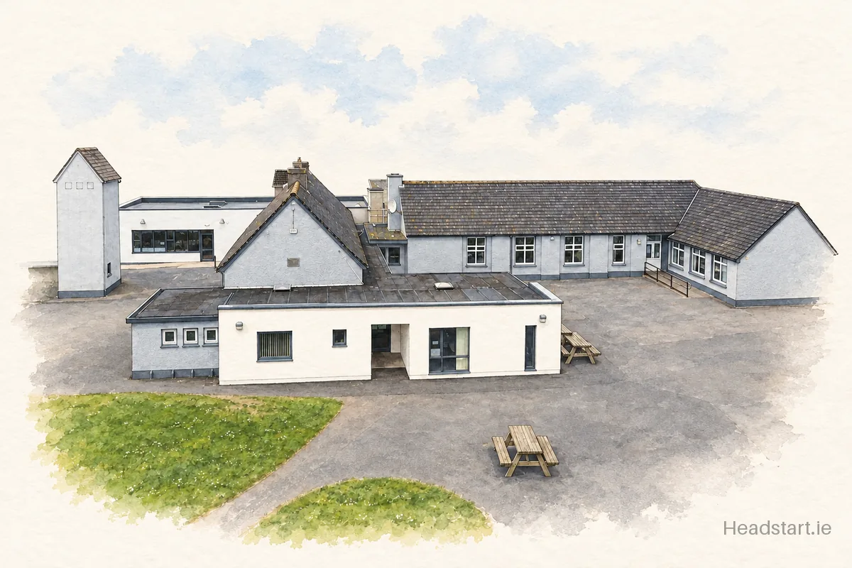 Watercolour illustration of the Scoil Náisiúnta Naomh Mhuire building, Ovens