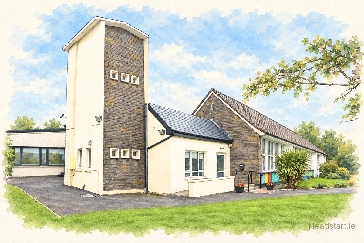 Watercolour illustration of the Little Island National School building, Little Island