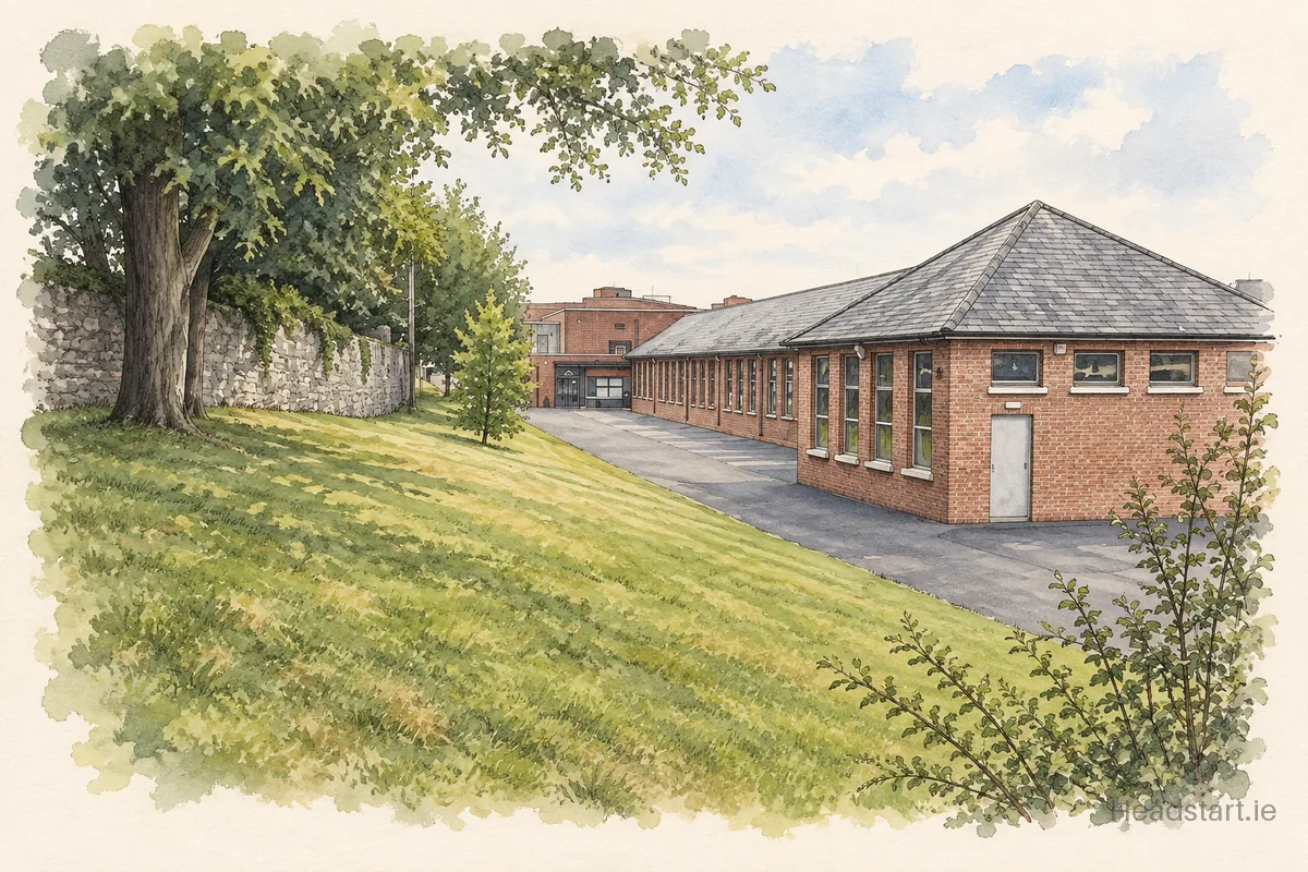 Watercolour illustration of the St Malachys Boys National School building, Dundalk