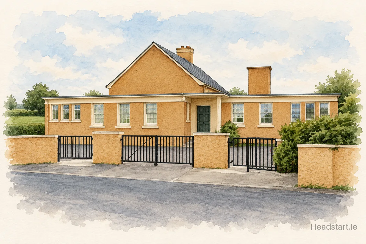 Watercolour illustration of the St Francis National School building, Tipperary