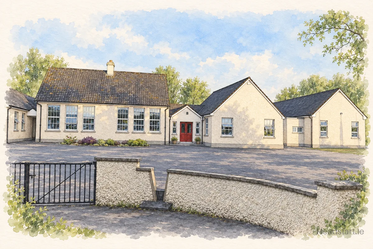Watercolour illustration of the Naomh Padraig National School building, Portlaoise