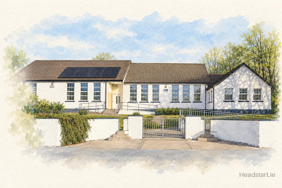 Watercolour illustration of the Ballycar National School building, Ennis