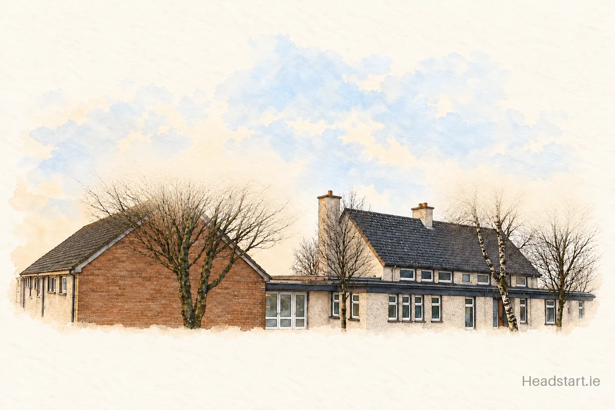 Watercolour illustration of the Scoil Mhuire building, Mullingar