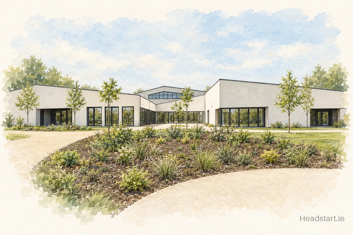 Watercolour illustration of the Naomh Mhuire building, Mullingar