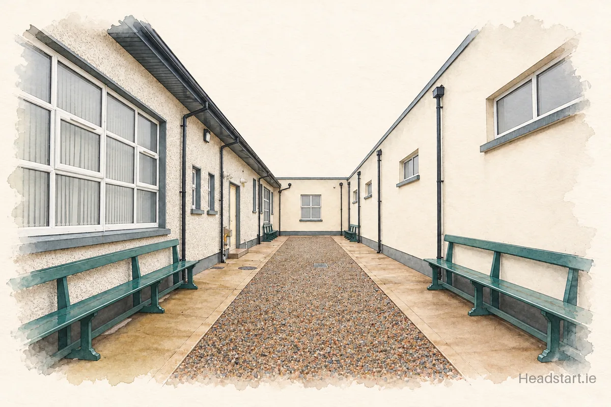 Watercolour illustration of the Scoil Naomh Mhuire building, Monaghan
