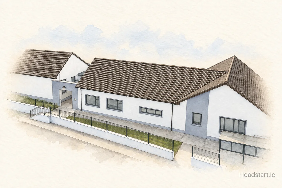 Watercolour illustration of the Rehins National School building, Ballina