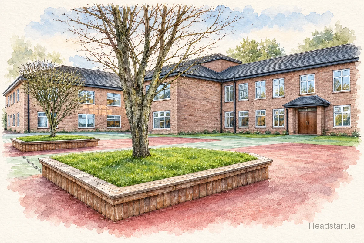 Watercolour illustration of the Togher Girls School building, Togher