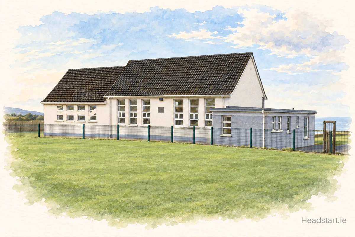 Watercolour illustration of the Scoil Náisiúnta Naomh Iosef building, Sligo