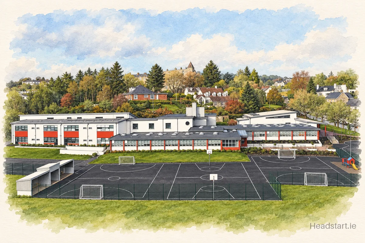 Watercolour illustration of the Scoil Choilmcille building, Letterkenny