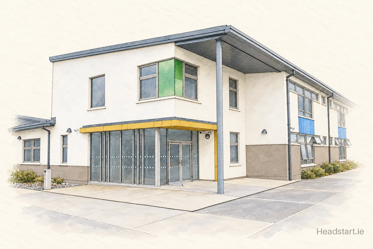 Watercolour illustration of the Naomh Iosef National School building, Killucan