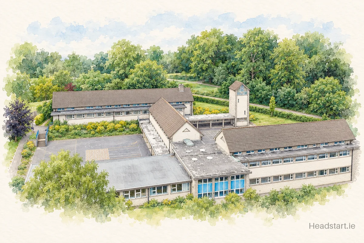 Watercolour illustration of the Scoil San Treasa building, Blackrock