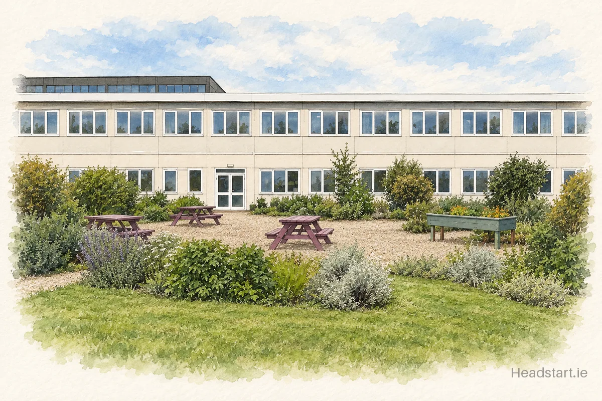 Watercolour illustration of the St Michaels HSE Special School building, Grosvenor School