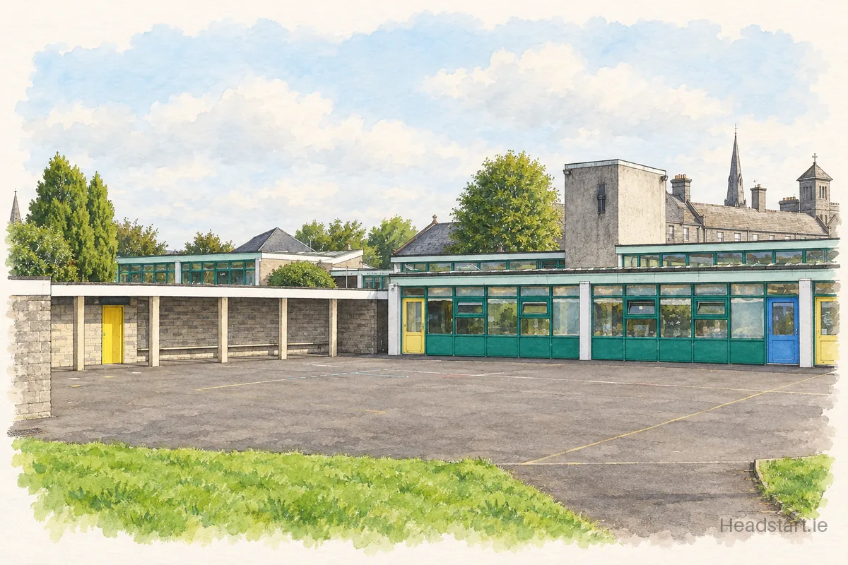 Watercolour illustration of the Scoil Mathair De building, Limerick City