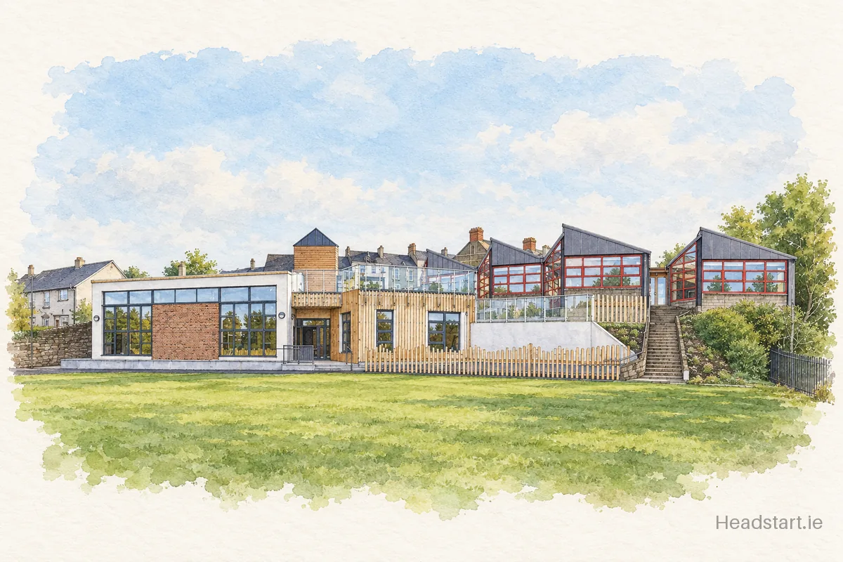 Watercolour illustration of the Christ Church National School building, Waterford