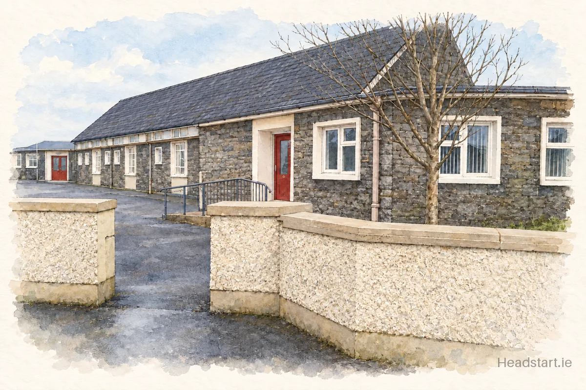 Watercolour illustration of the Tarbert National School building, Listowel