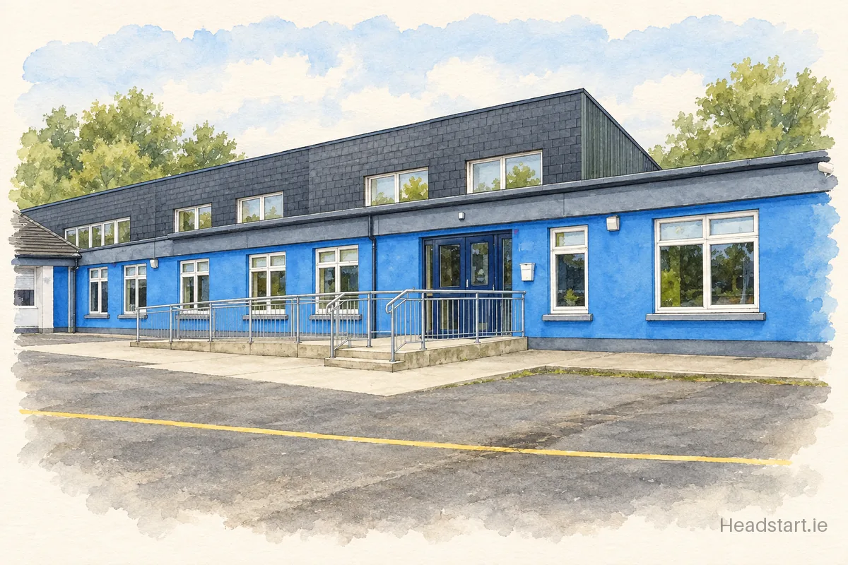 Watercolour illustration of the St Ibars National School building, Castlebridge