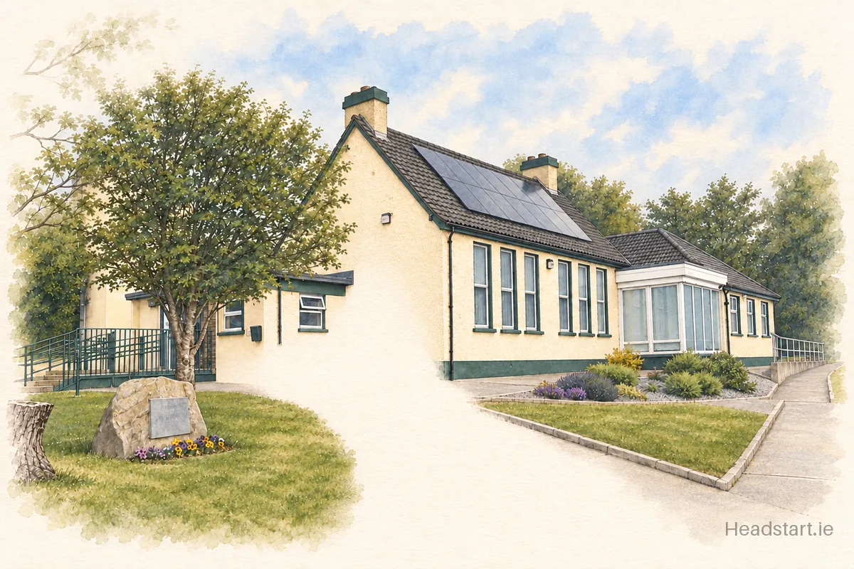 Watercolour illustration of the St Edans National School building, Ferns