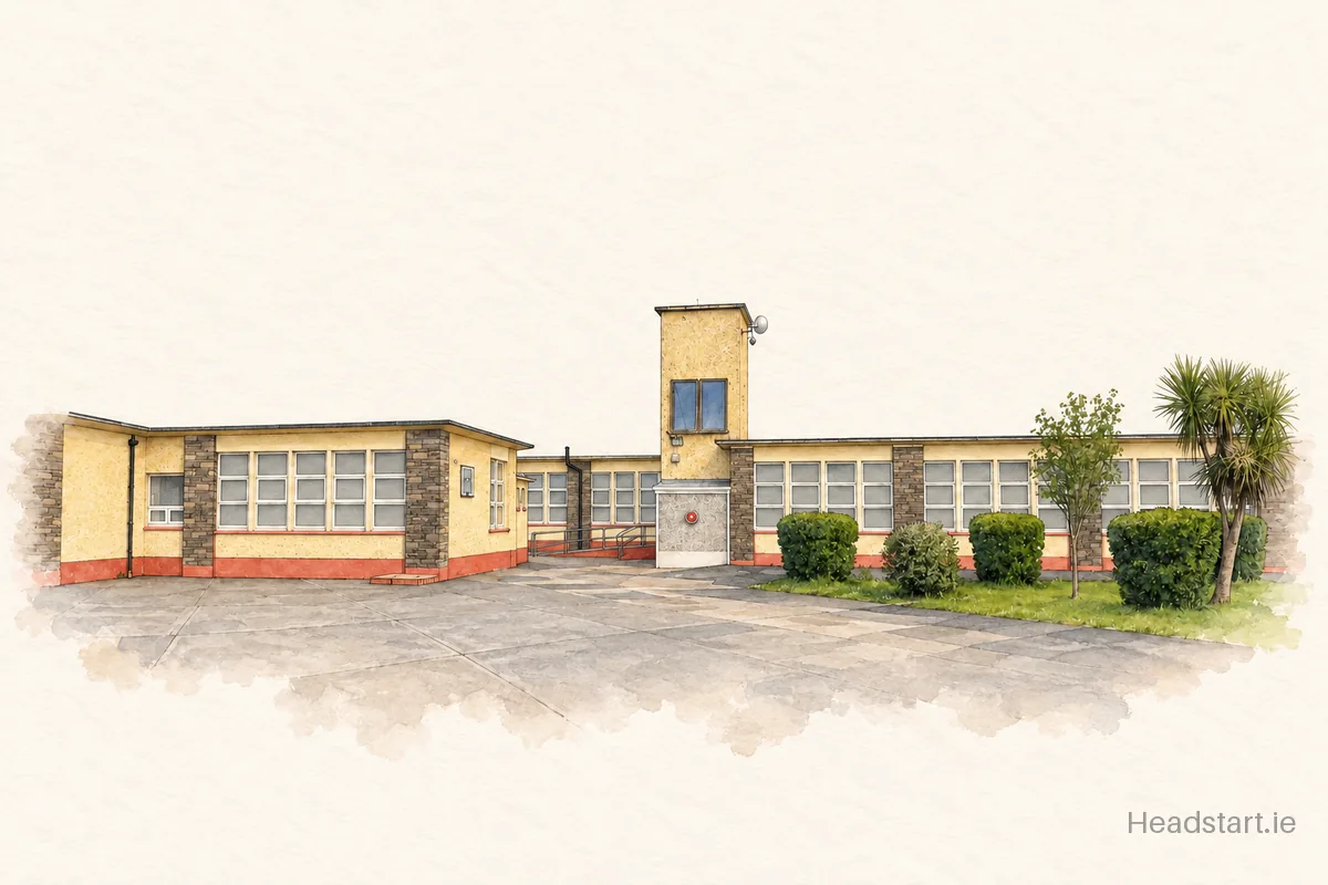 Watercolour illustration of the Miltown Malbay Boys National School building, Ennis