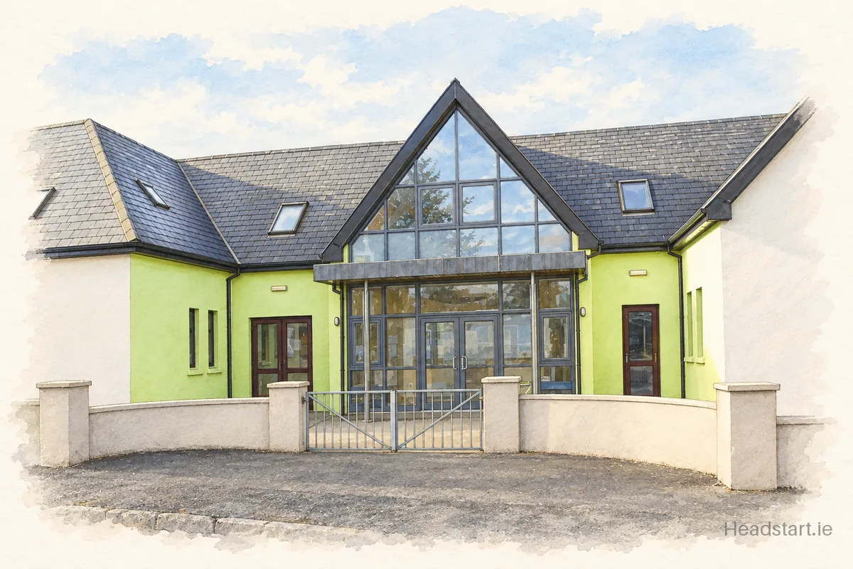 Watercolour illustration of the Scoil Náisiúnta Mhuire building, Longford