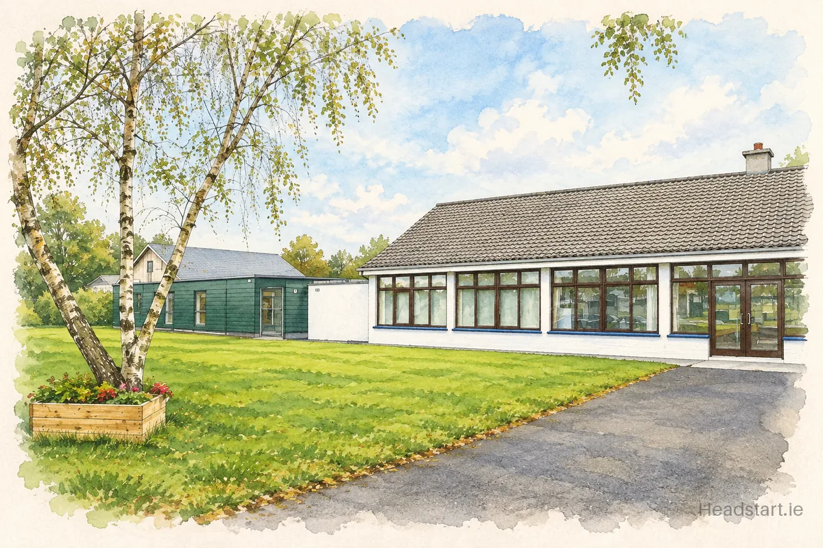 Watercolour illustration of the Shannon Airport No 2 National School building, Shannon