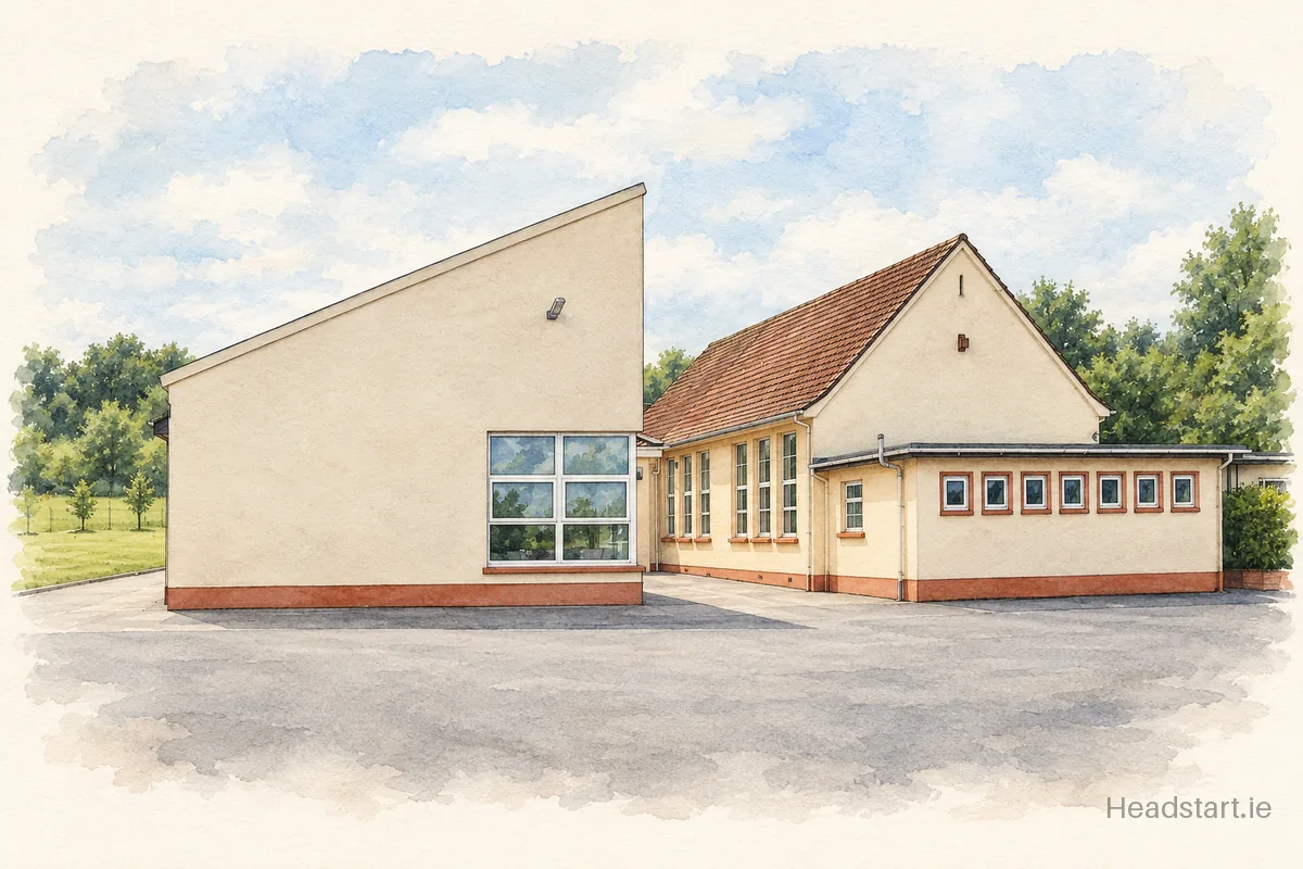 Watercolour illustration of the Roxboro National School building, Roscommon