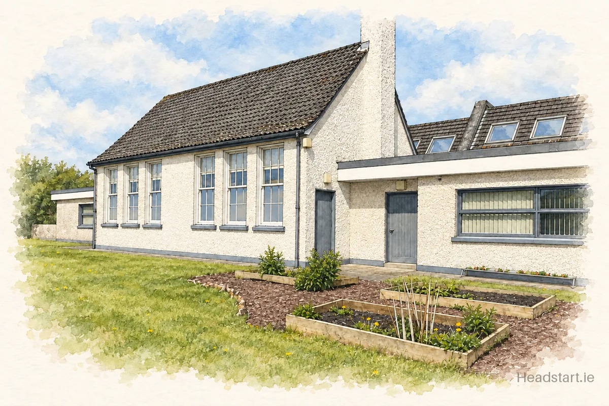 Watercolour illustration of the Cahir National School building, Killarney