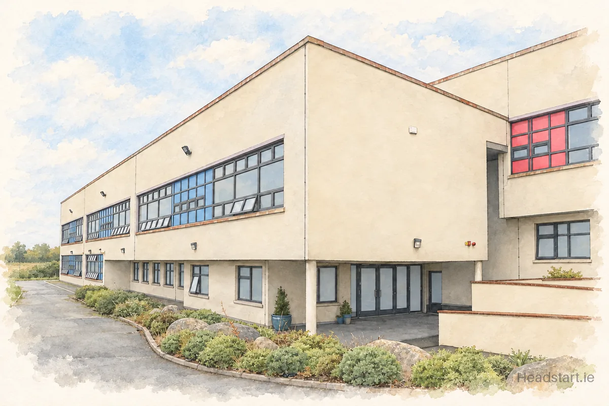 Watercolour illustration of the Scoil Náisiúnta Realt Na Mara (B) building, Mornington