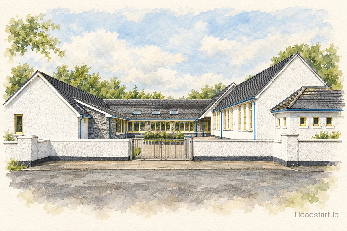 Watercolour illustration of the Scoil Cholmcille building, Letterkenny