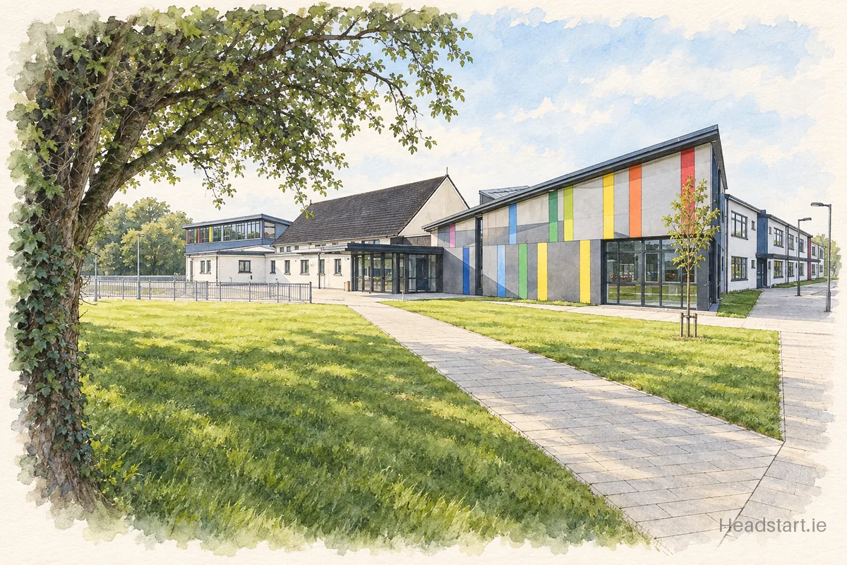 Watercolour illustration of the Scoil Náisiúnta Naomh Mochta building, Clonsilla