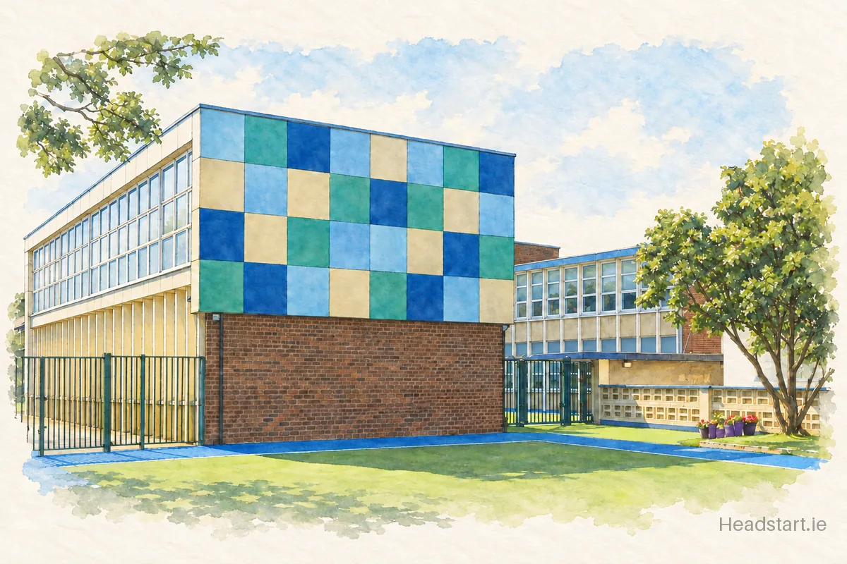 Watercolour illustration of the Scoil Náisiúnta Brighde building, Raghnallach