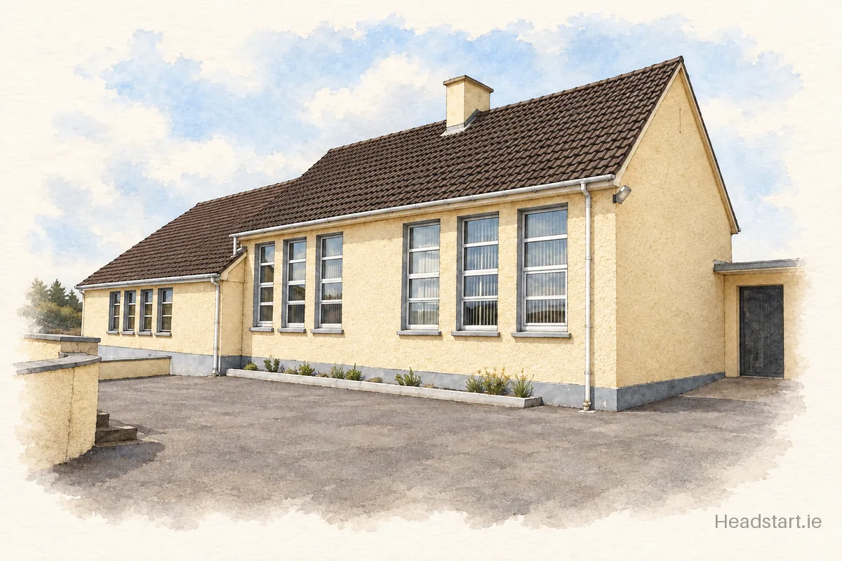Watercolour illustration of the Scoil Mhuire building, Letterkenny