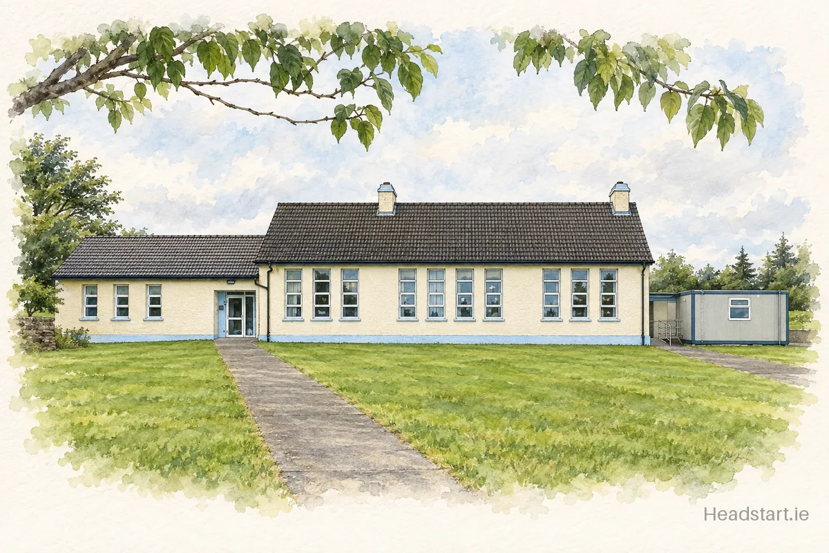 Watercolour illustration of the Scoil Náisiúnta Peadar agus Pol building, Ballina