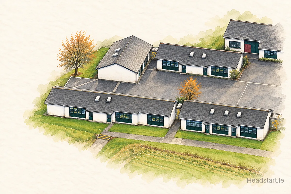 Watercolour illustration of the Scoil Ide building, Limerick
