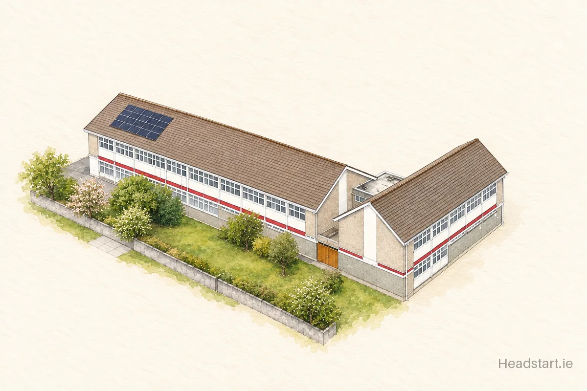 Watercolour illustration of the Scoil Naomh Einde building, Salthill