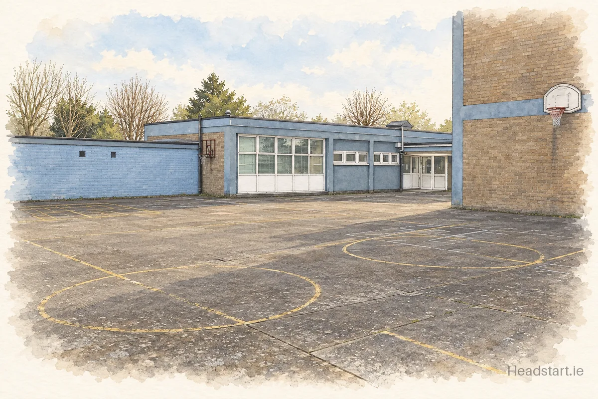 Watercolour illustration of the St Eithnes Girls National School building, Raheny