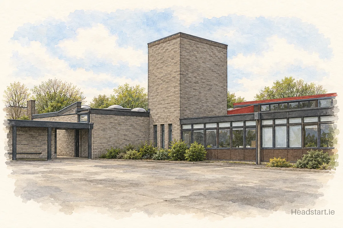 Watercolour illustration of the St Colmcille's Boys National School building, Swords