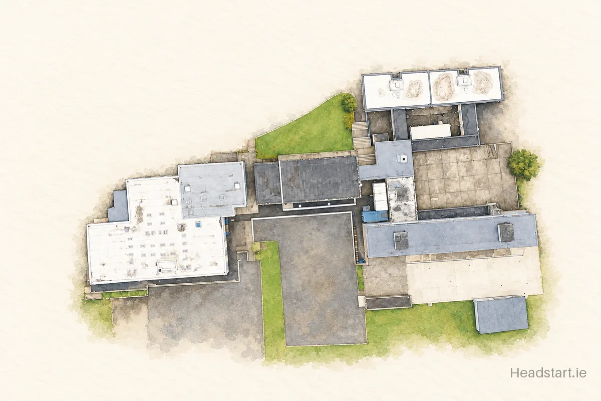 Watercolour illustration of the Scoil Ursula National School building, Sligo