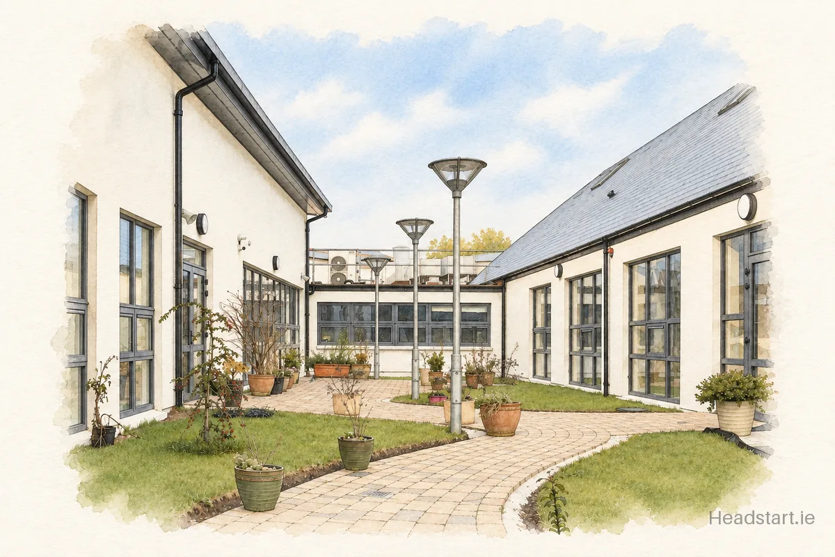 Watercolour illustration of the St Martins Special School building, Waterford