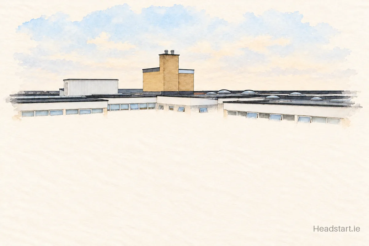 Watercolour illustration of the St Pius X National School Boys building, Terenure